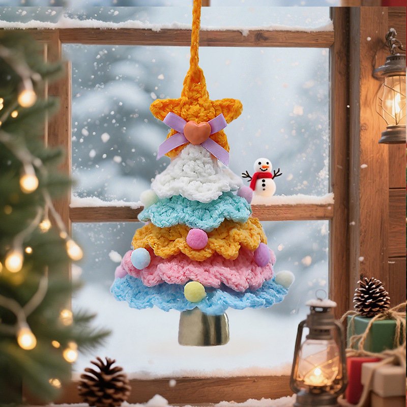 Sky blue gradient Christmas tree with small bells Crochet Kit, DIY Crochet Starter Kit