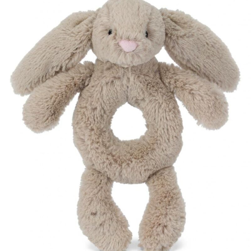Jellycat Bashful Beige Bunny Stuffed Animal Ring Rattle, 7 inches - Bunnies & Rabbits Plush Rattle for Babies - Baby Gift