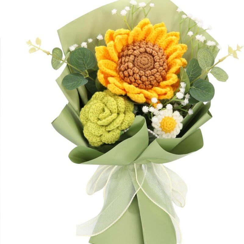 Handmade Crochet Sunflowers Rose Daisy as a Gift for Lover, Family,Friends. Crochet Bouquet, Crocheted Yarn Flowers, Artificial Flower Finished Bouquet (Pink)