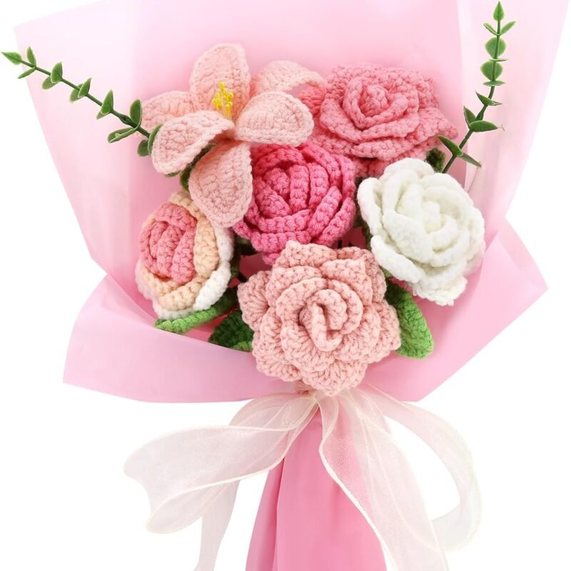Handmade Crochet Sunflowers Rose Daisy as a Gift for Lover, Family,Friends. Crochet Bouquet, Crocheted Yarn Flowers, Artificial Flower Finished Bouquet (Pink)
