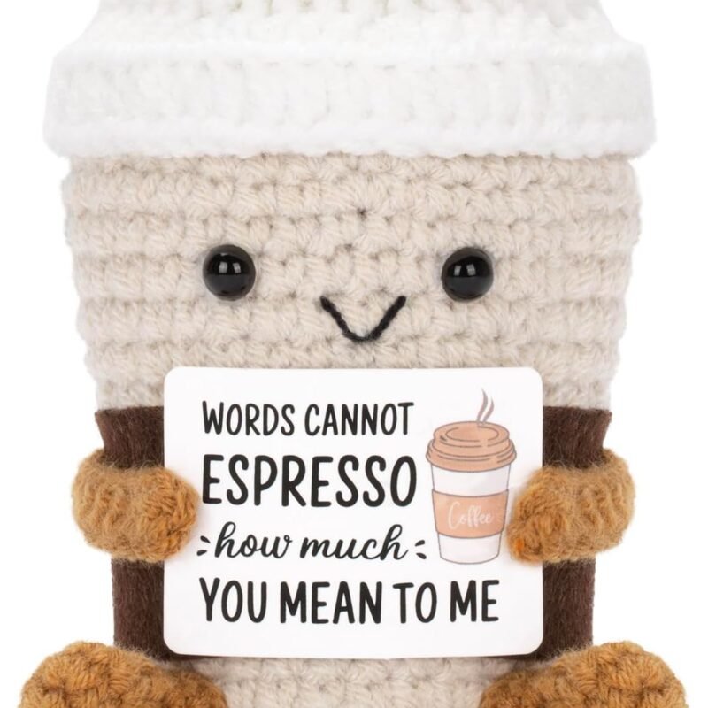 Funny Positive Coffee, Emotional Crochet Doll, Cute Crochet Potato Partner Toy with Positive Card Cheer Up Funny Gag Gifts for Best Friend Birthday Women Teacher Fall??Coffee